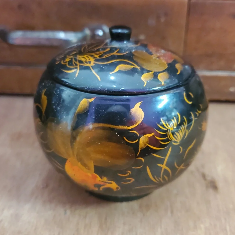 Black Lacquer Ware Wood Hand Painted Koi Fish Round Trinket/Jewelry Lidded Box